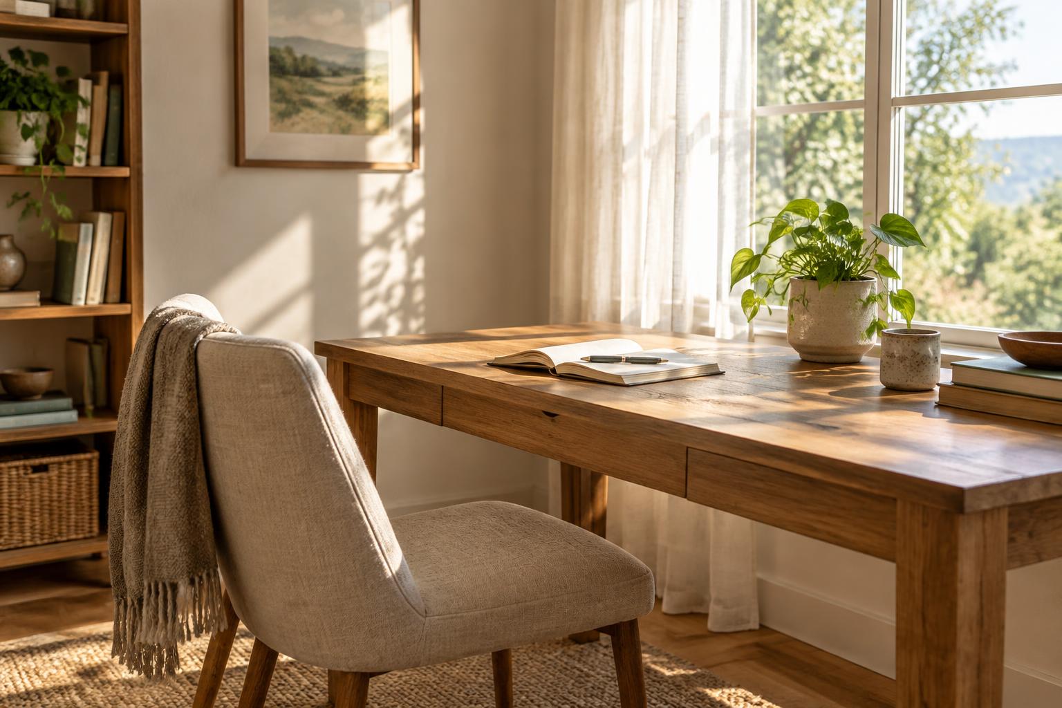 A quiet home office corner with a wood desk and an open notebook in morning light