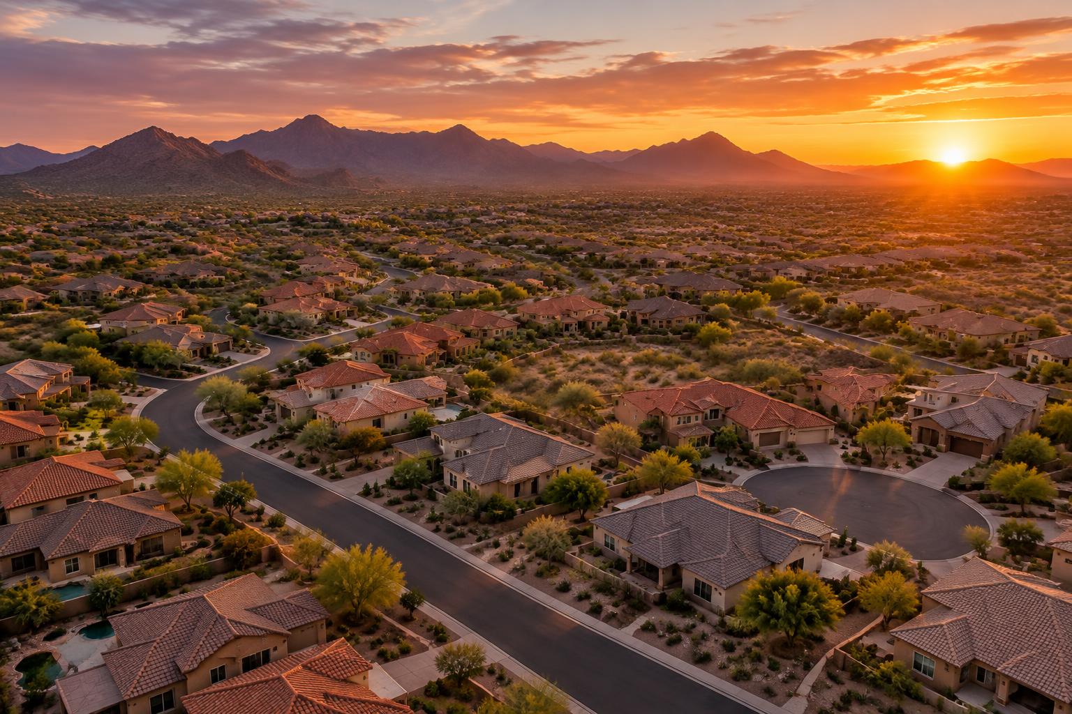 An aerial view of a desert residential community at sunset with mountains on the horizon