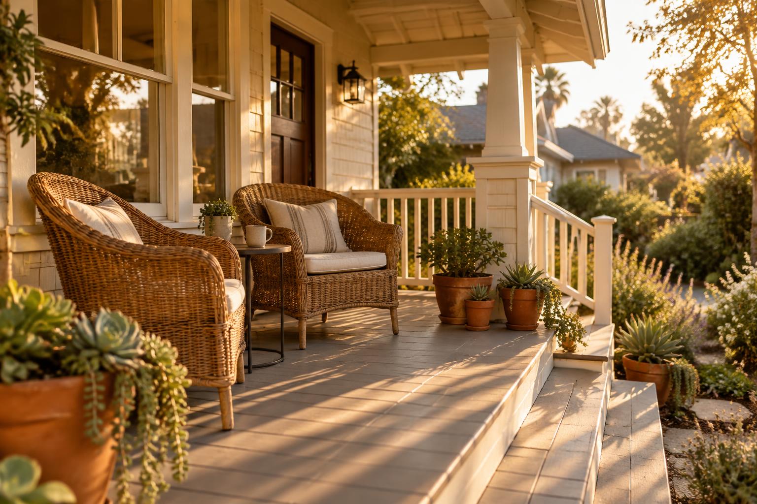 A welcoming front porch with two woven chairs and potted succulents in late-afternoon light