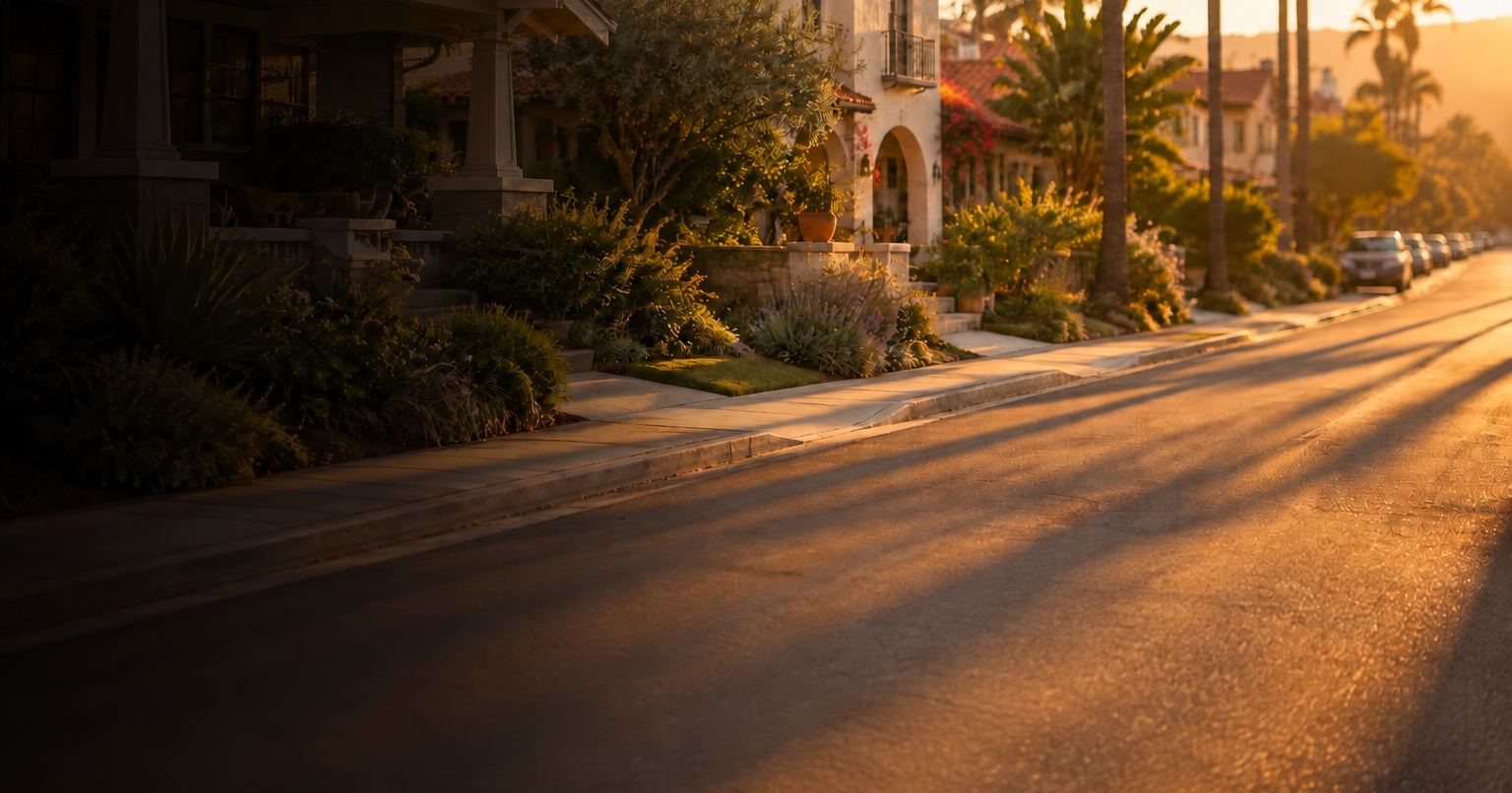 A golden-hour California residential street with palm trees and shaded front gardens