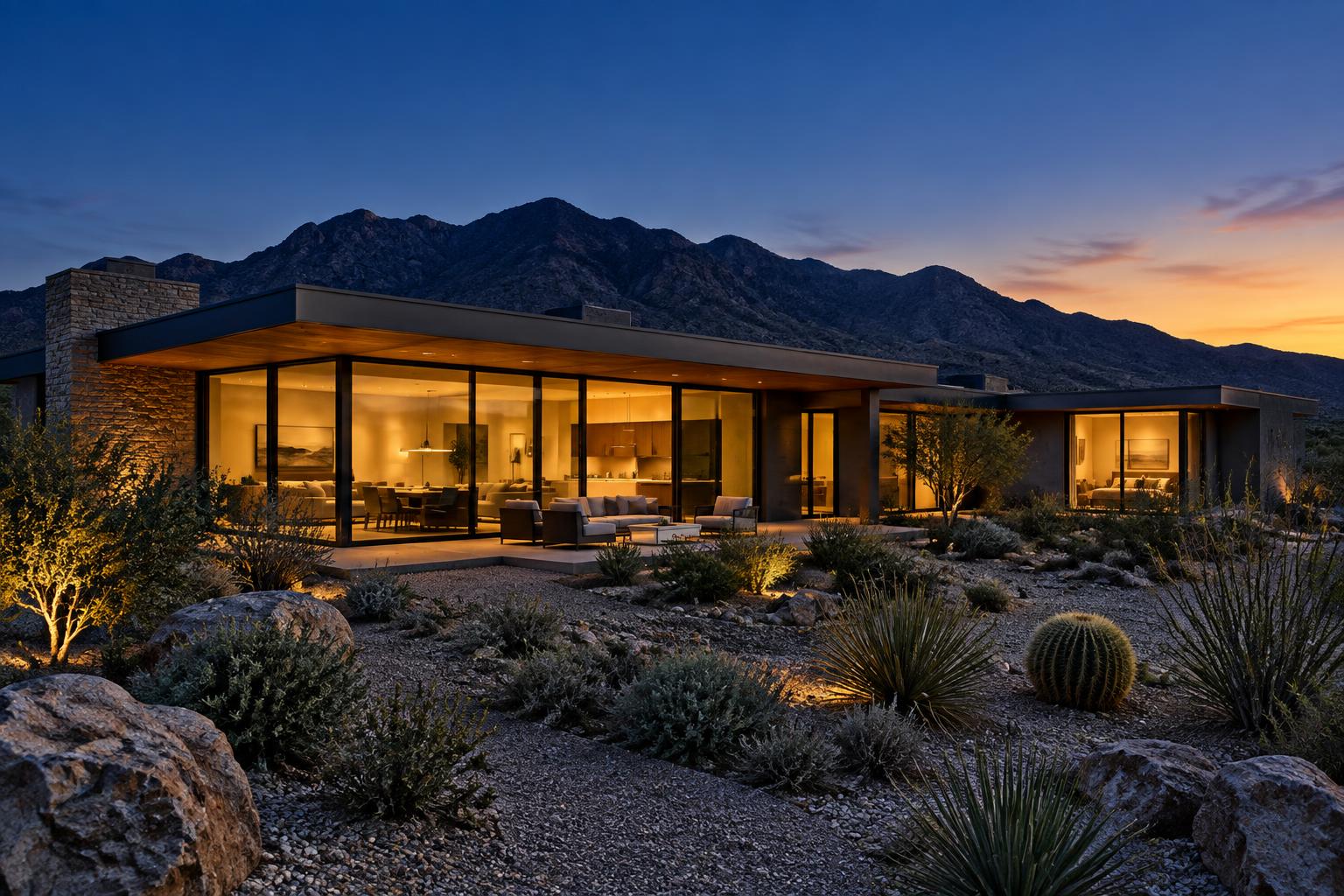 A modern desert home lit from within at dusk, mountains behind it