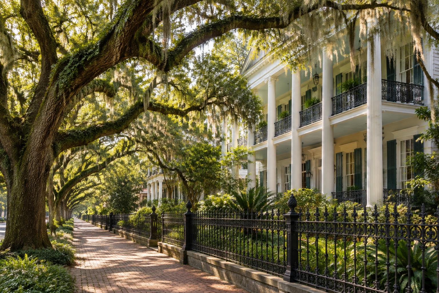A Garden District sidewalk beneath live oaks draped in Spanish moss, a columned home behind an iron fence