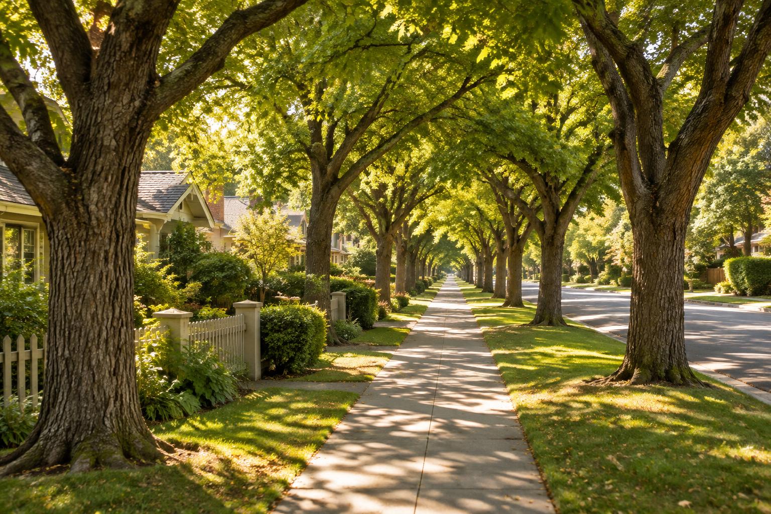 A quiet tree-lined California sidewalk with mature shade trees arching over the street